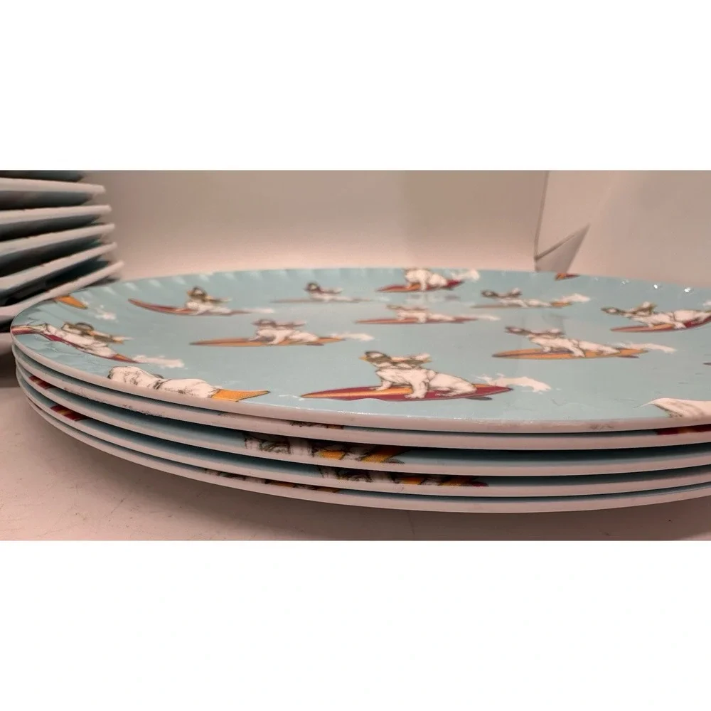 Alex & Zoë French Bulldog Surfing Melamine Dinnerware 17 Pc Plates Bowls Set